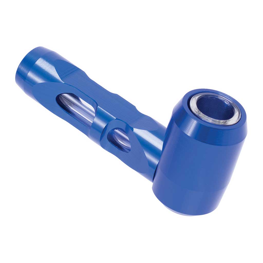 Blue aluminum glass smoking pipe, angle view – Online Smoke and Vape