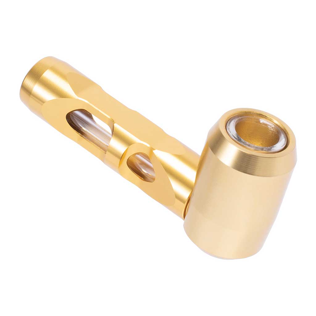 Gold aluminum glass smoking pipe, angle view – Online Smoke and Vape