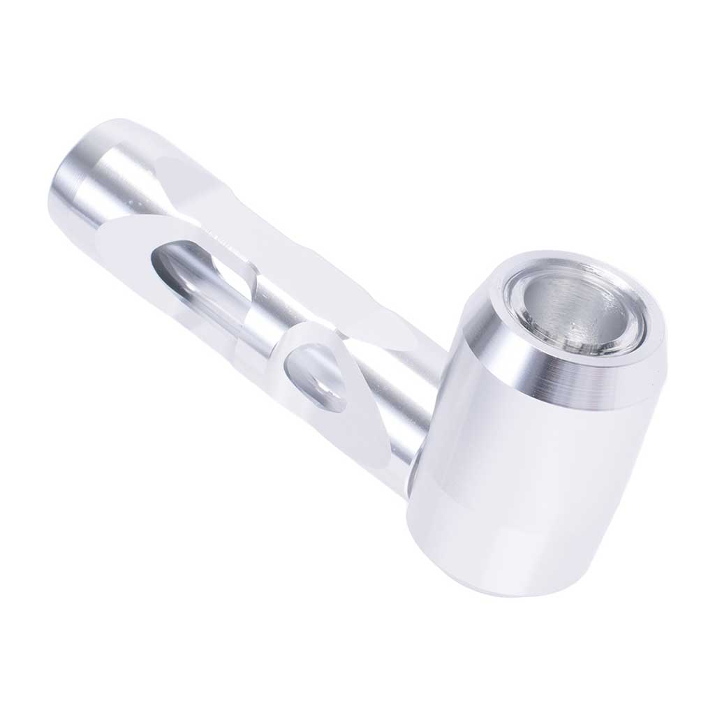 Silver aluminum glass smoking pipe, angle view – Online Smoke and Vape