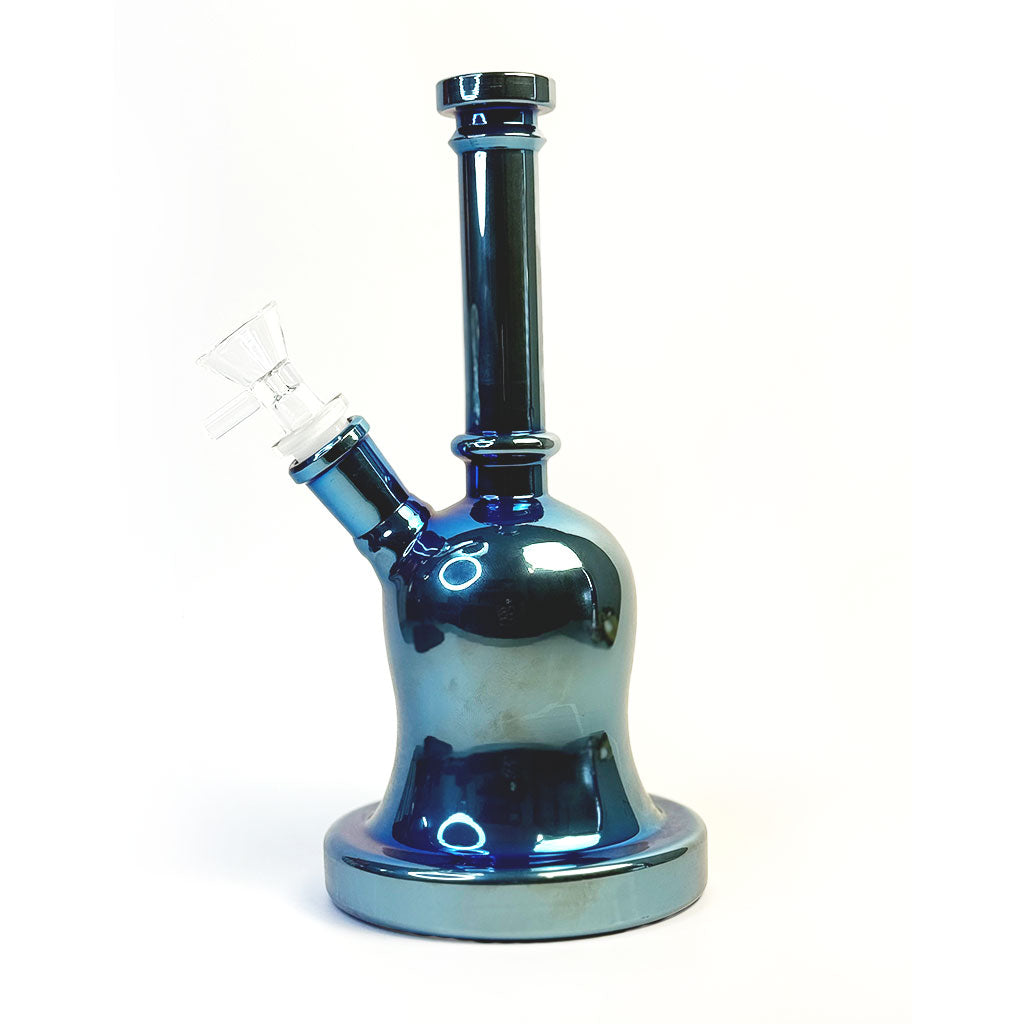 Bell-shaped metallic baby blue glass bong in use – Online Smoke and Vape