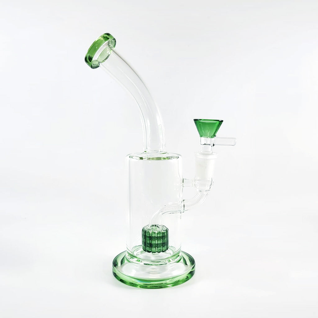 Green bent neck dab rig with drum percolator, alternate view – Online Smoke and Vape