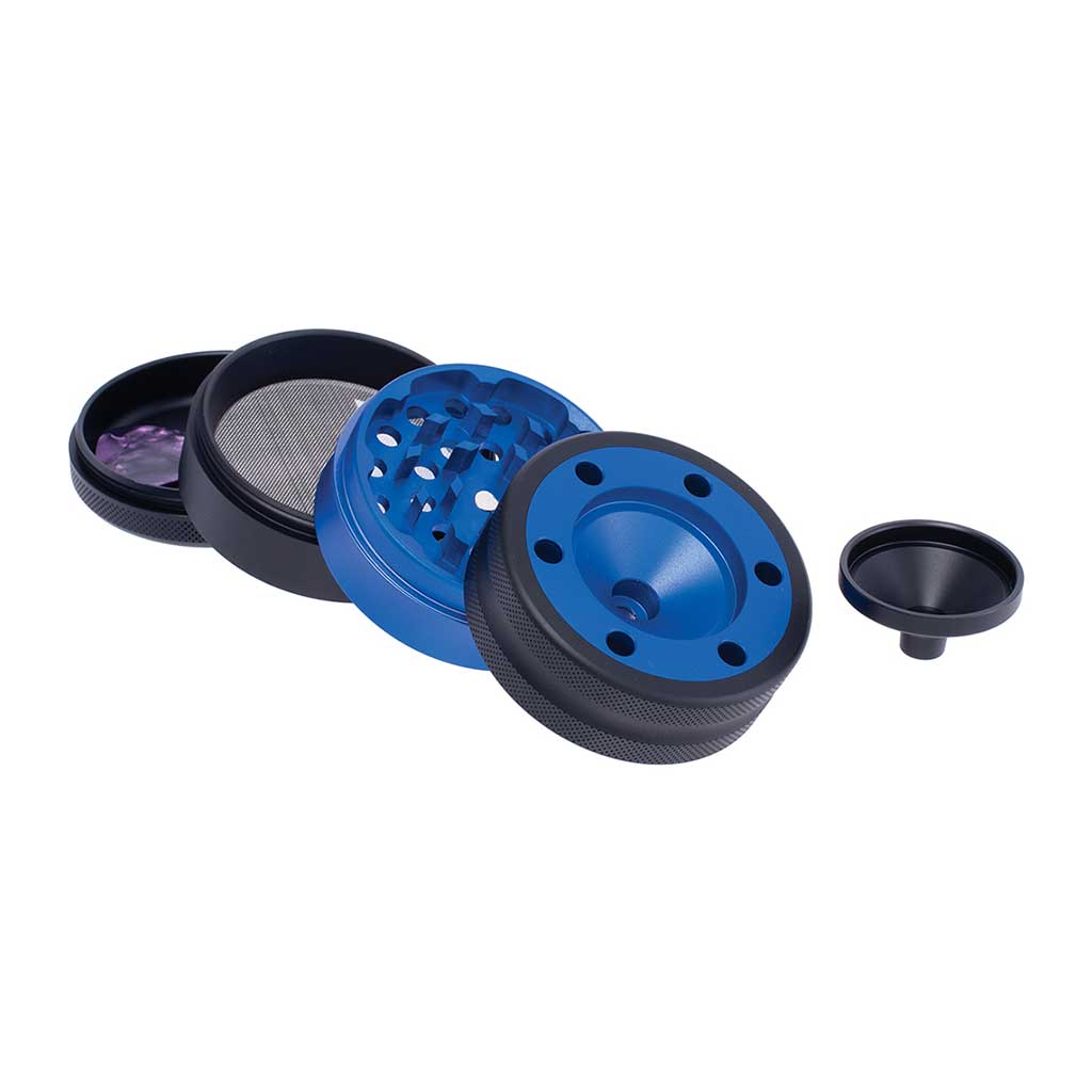 Blue aluminium grinder with cone holder and funnel, 4 parts – Online Smoke and Vape