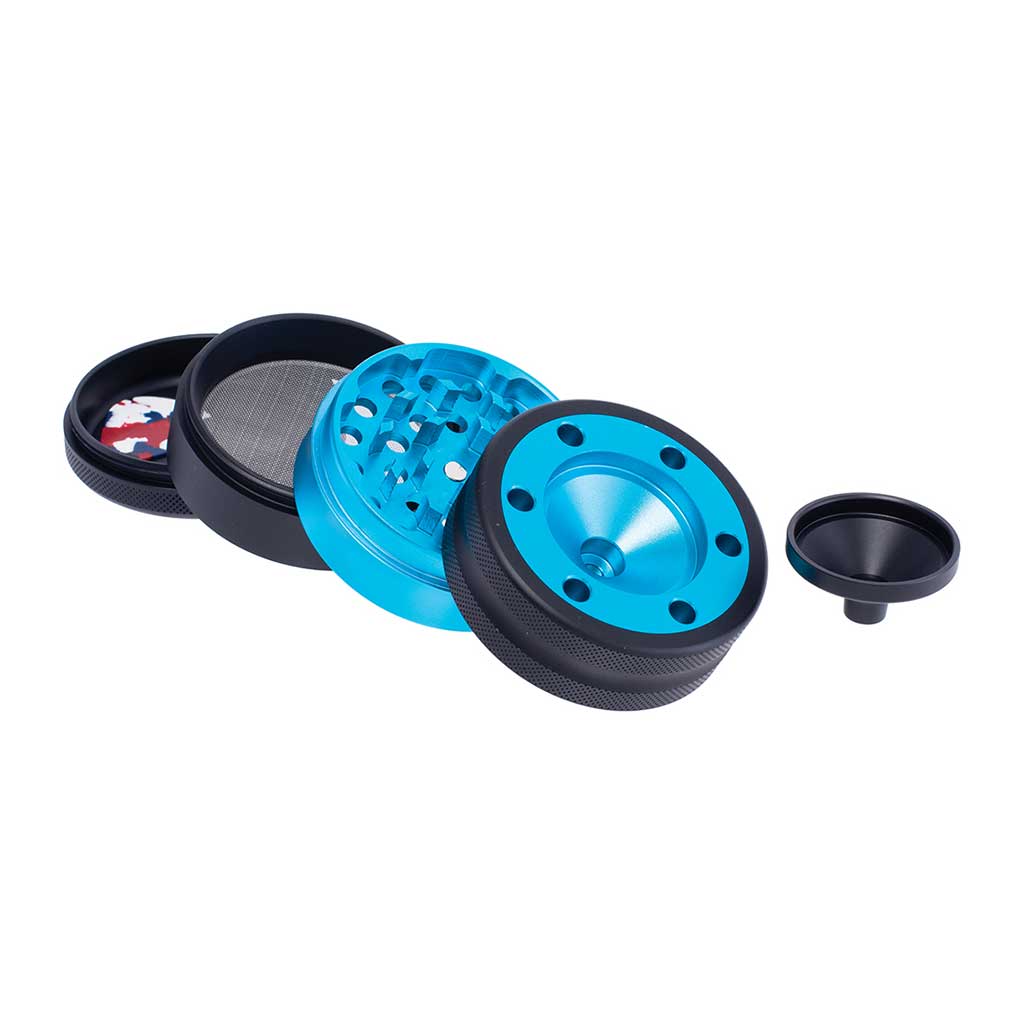 Light blue aluminium grinder with cone holder and funnel, 4 parts – Online Smoke and Vape