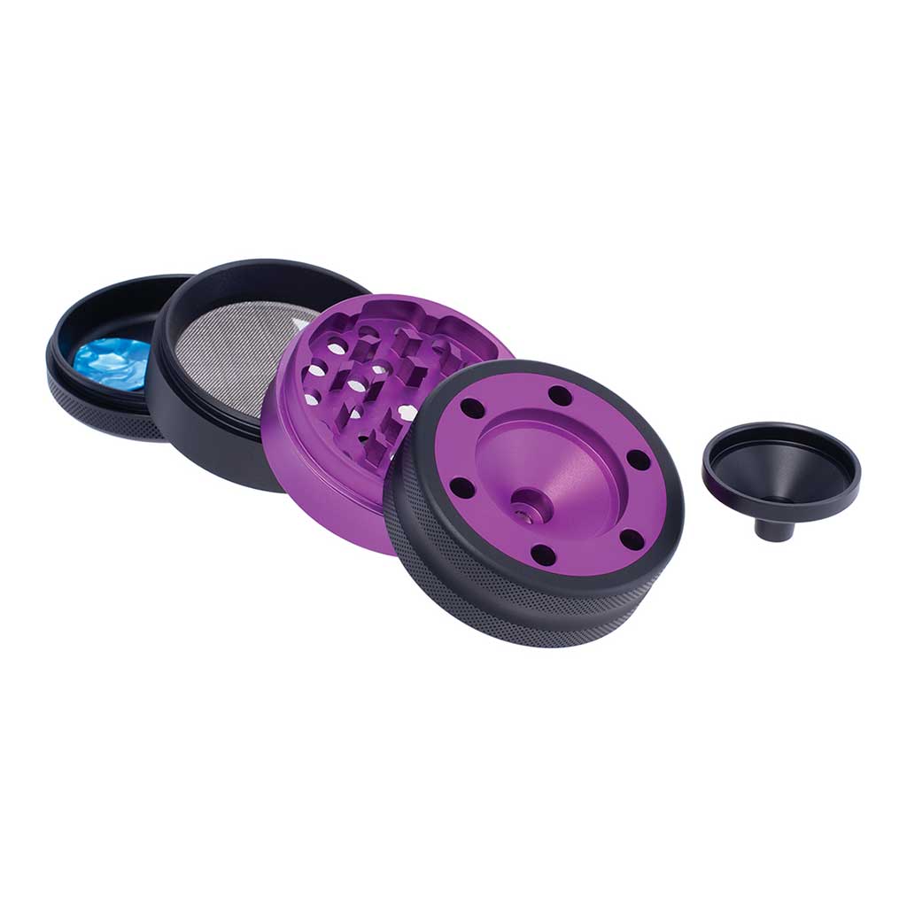 Purple aluminium grinder with cone holder and funnel, 4 parts – Online Smoke and Vape