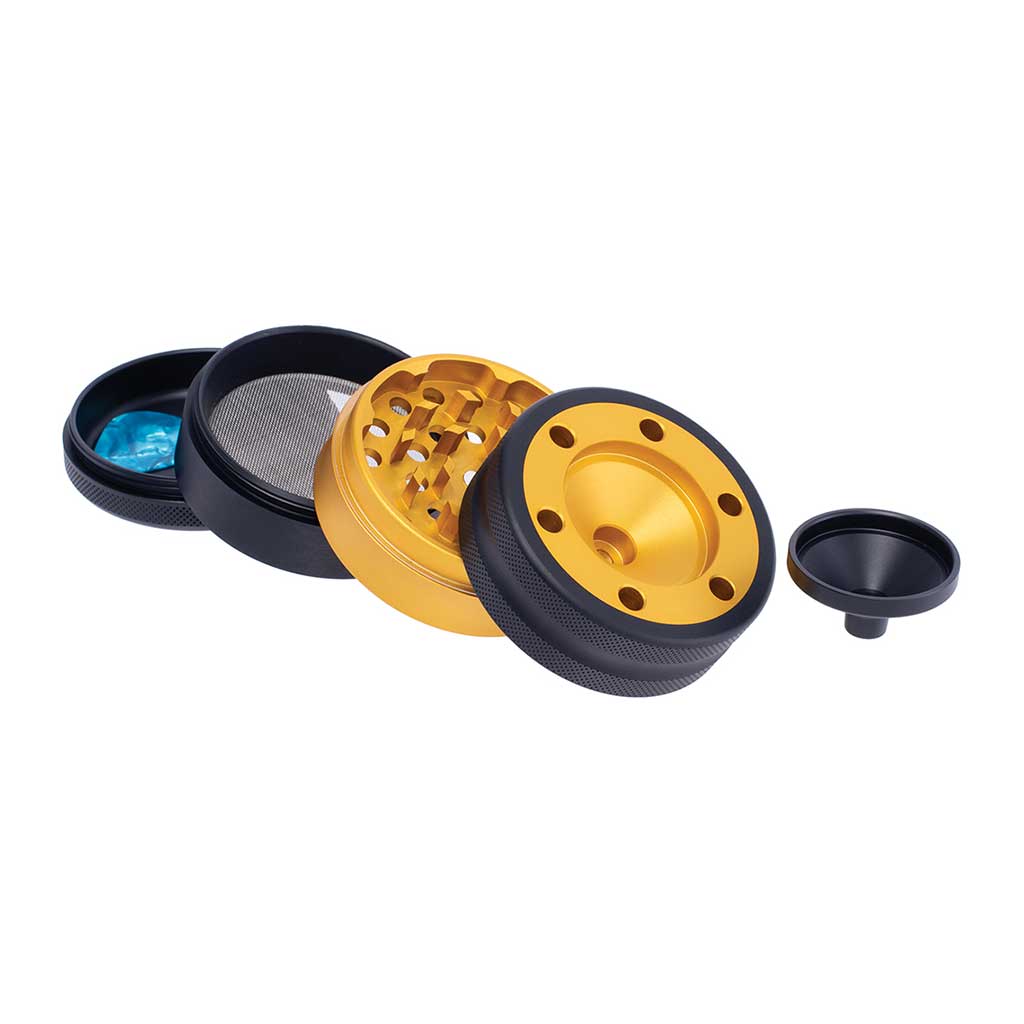 Yellow aluminium grinder with cone holder and funnel, 4 parts – Online Smoke and Vape