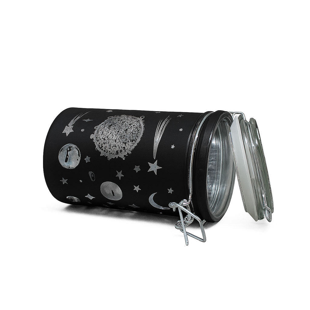 Black frosted galaxy storage jar, clamp lid view – Online Smoke and Vape