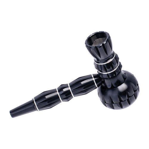 Black ribbed aluminum smoking pipe with built-in grinder – Online Smoke and Vape