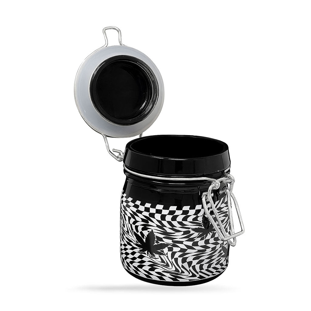 Checkerboard leaves storage jar, 3.5 inch, open lid – Online Smoke and Vape