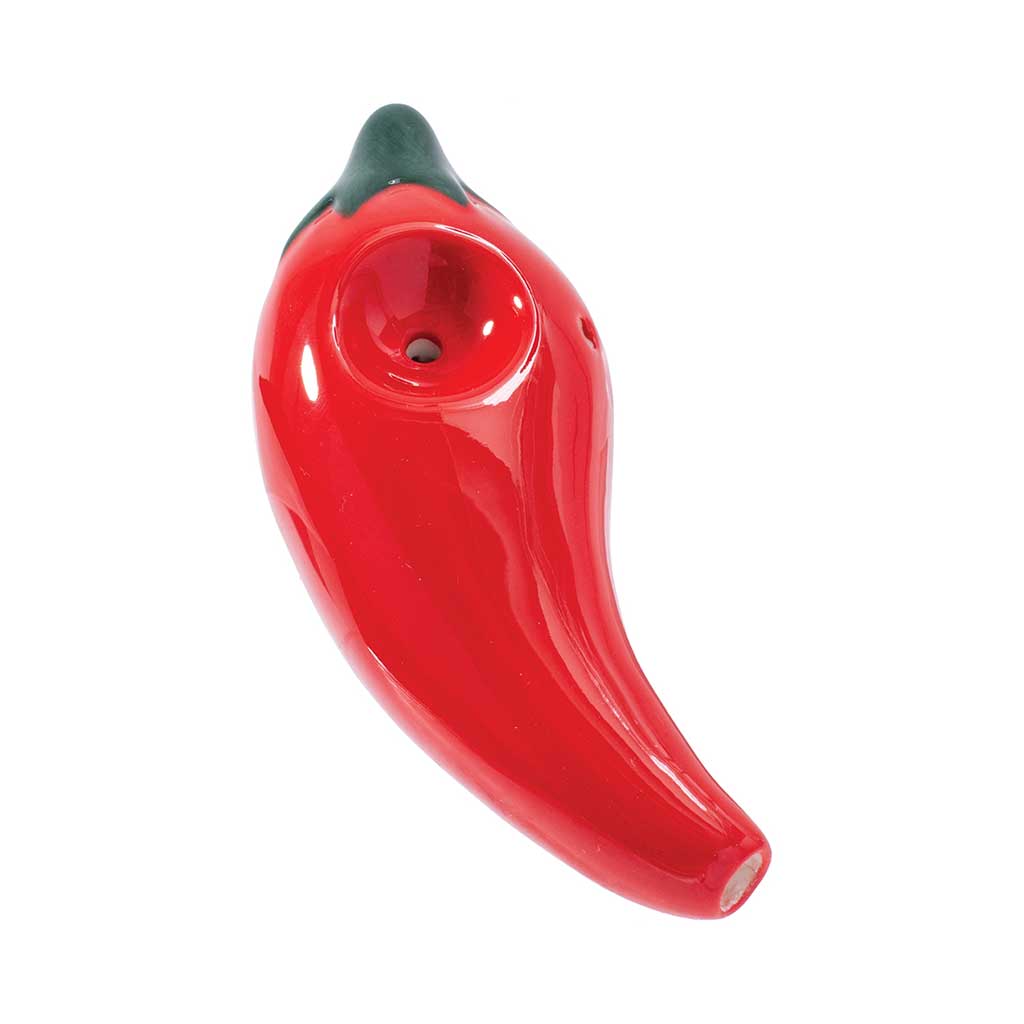 Red chili pepper ceramic pipe, angled bowl view – Online Smoke and Vape