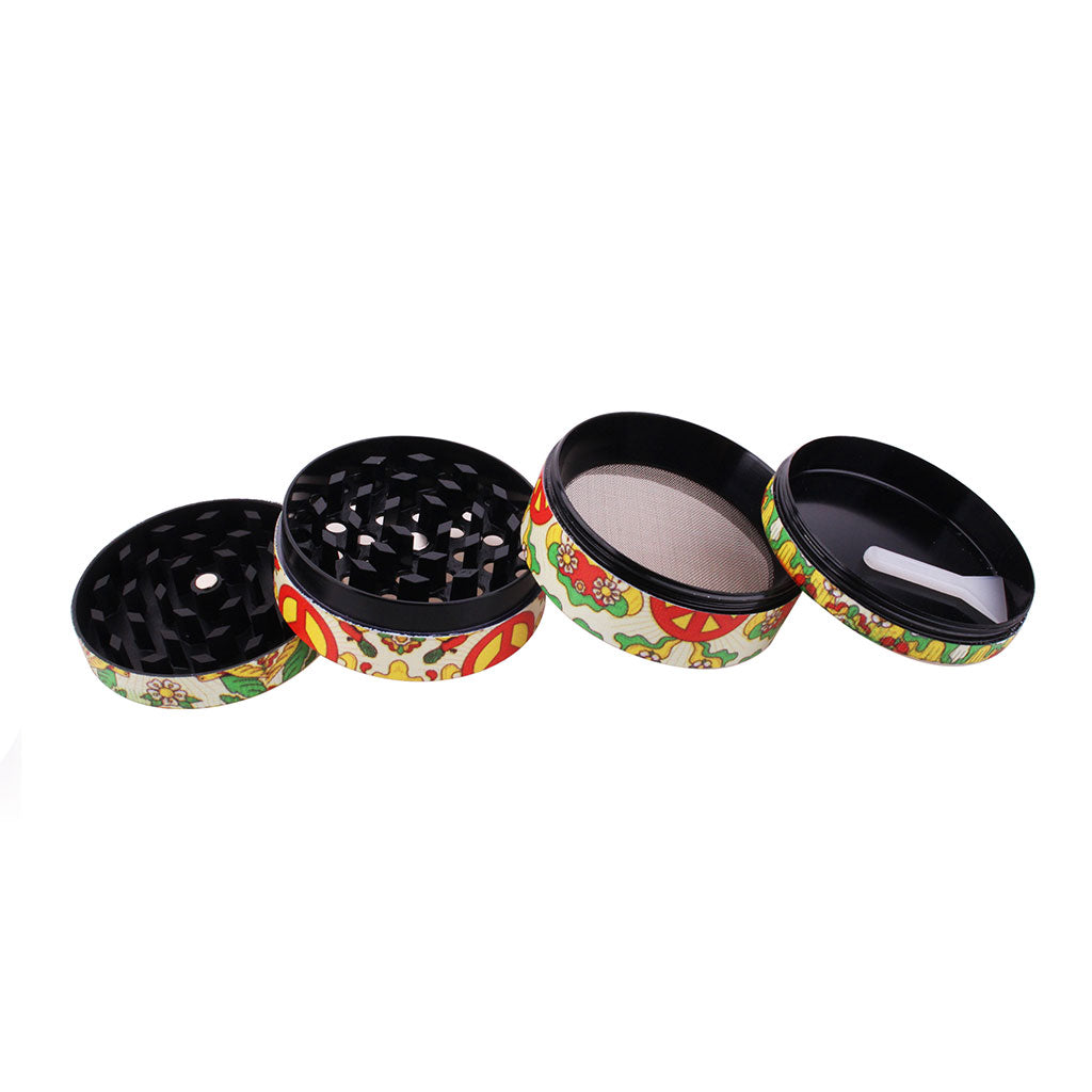 Orange Peace symbol grinder, all parts view – Online Smoke and Vape