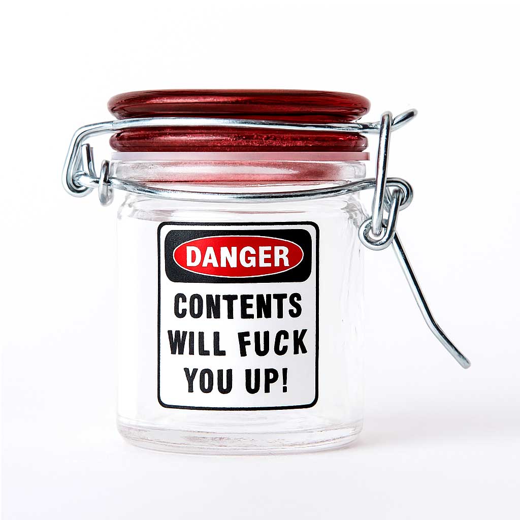 Airtight glass herb jar with bold warning-label graphic – Online Smoke and Vape