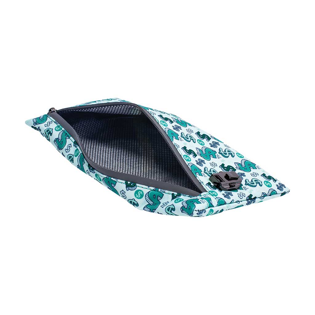 Dollar-sign print smell-proof pouch, open inside view – Online Smoke and Vape