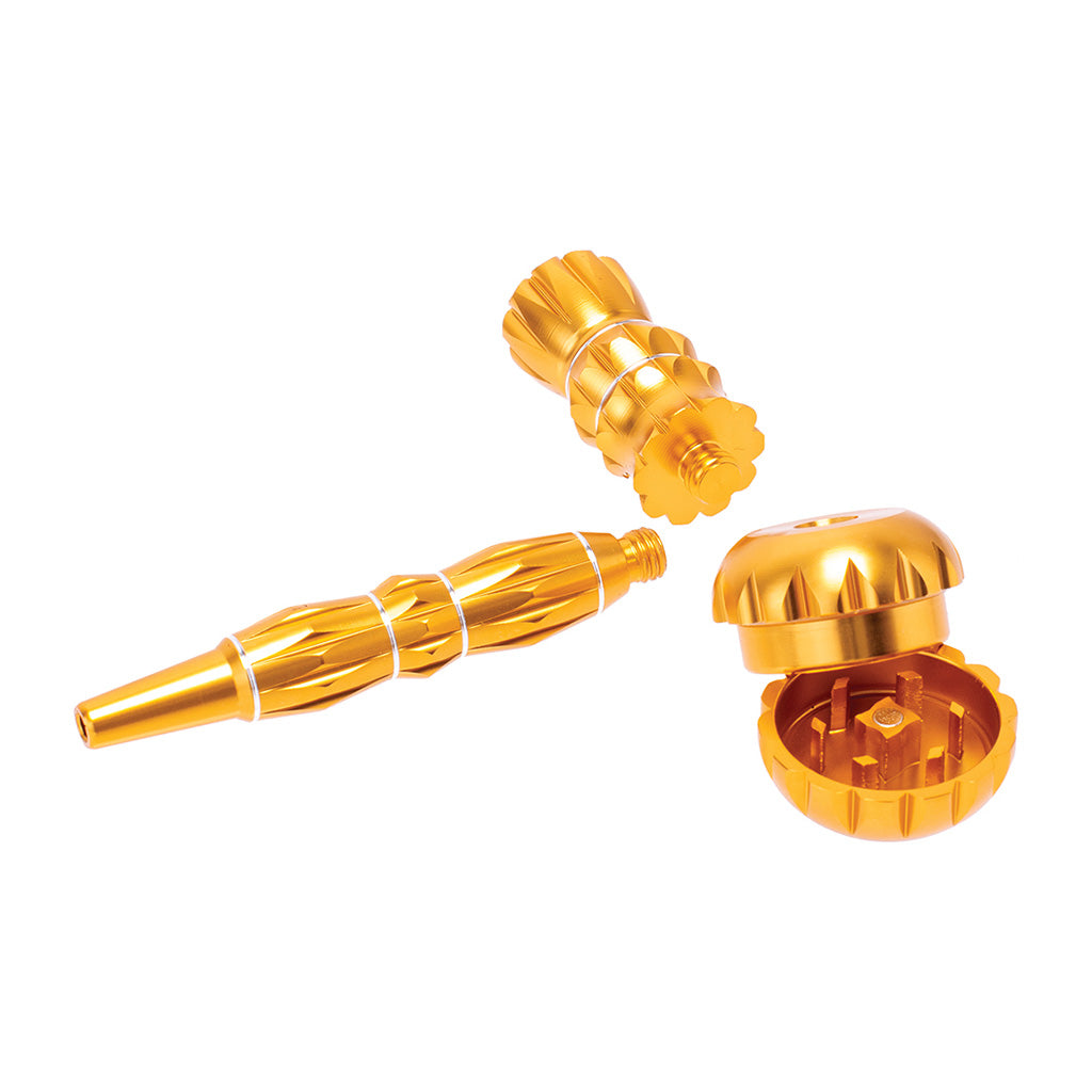 Gold aluminum ribbed smoking pipe with grinder – Online Smoke and Vape