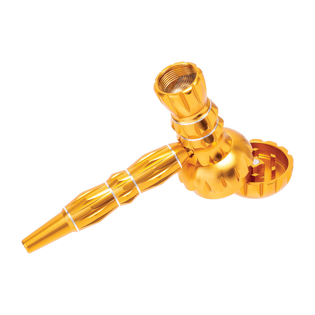 Gold ribbed aluminum smoking pipe with grinder, side view – Online Smoke and Vape