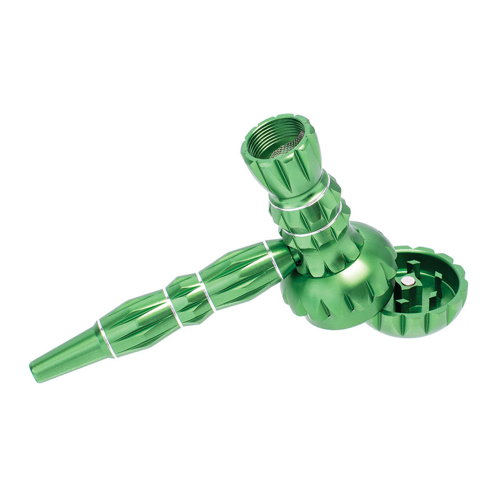 Green ribbed aluminum smoking pipe with grinder, side view – Online Smoke and Vape