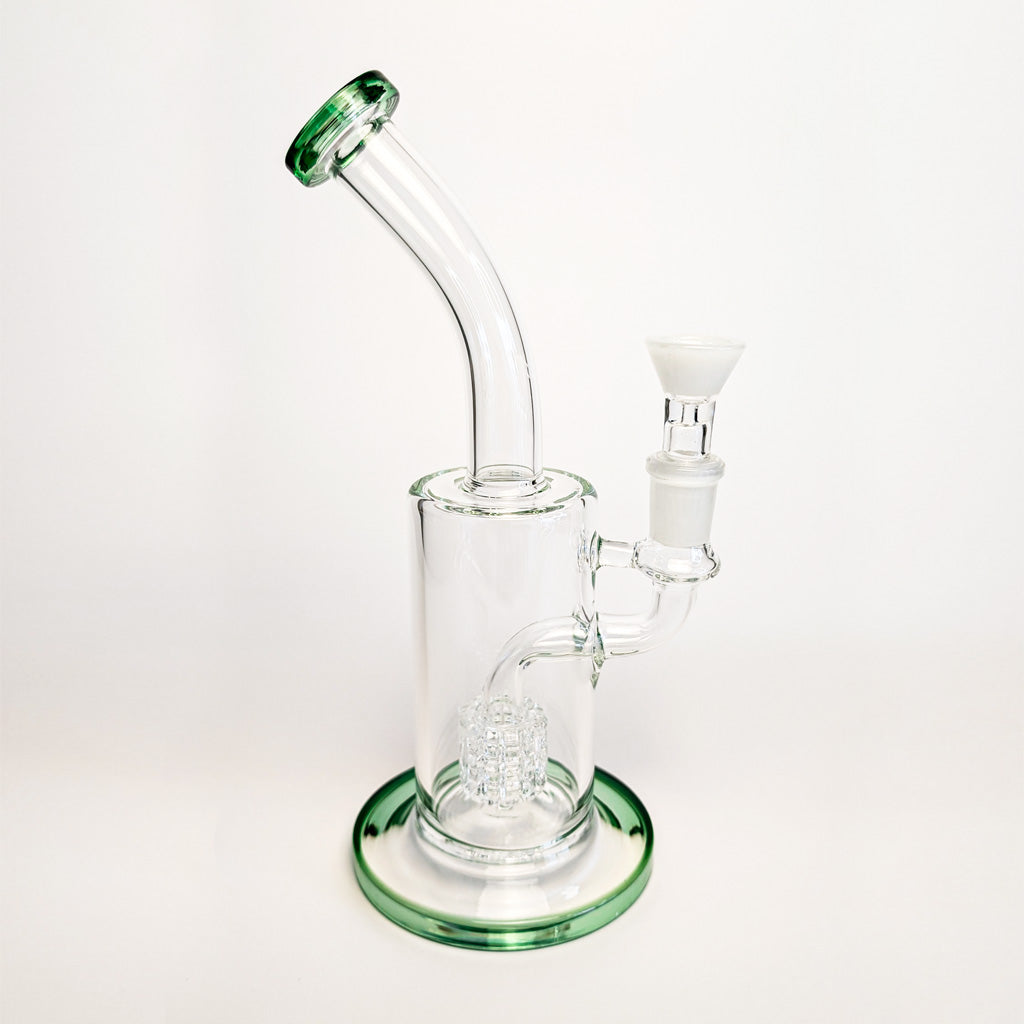 Green bent neck dab rig with drum percolator – Online Smoke and Vape