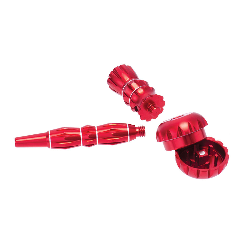 Red aluminum ribbed smoking pipe with grinder, side view – Online Smoke and Vape