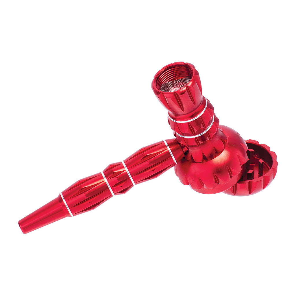 Red ribbed aluminum smoking pipe with grinder – Online Smoke and Vape