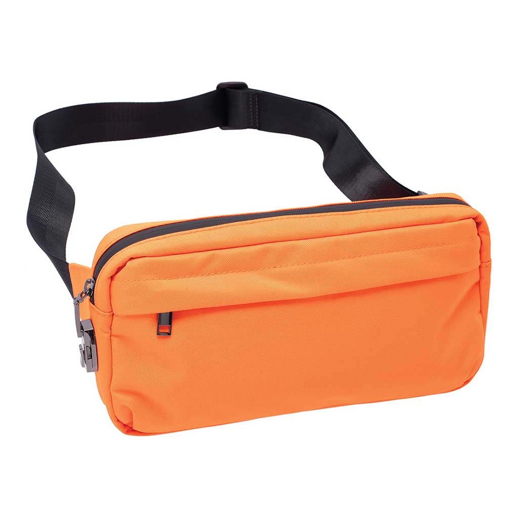 Neon orange smell-proof sling bag, angle view – Online Smoke and Vape
