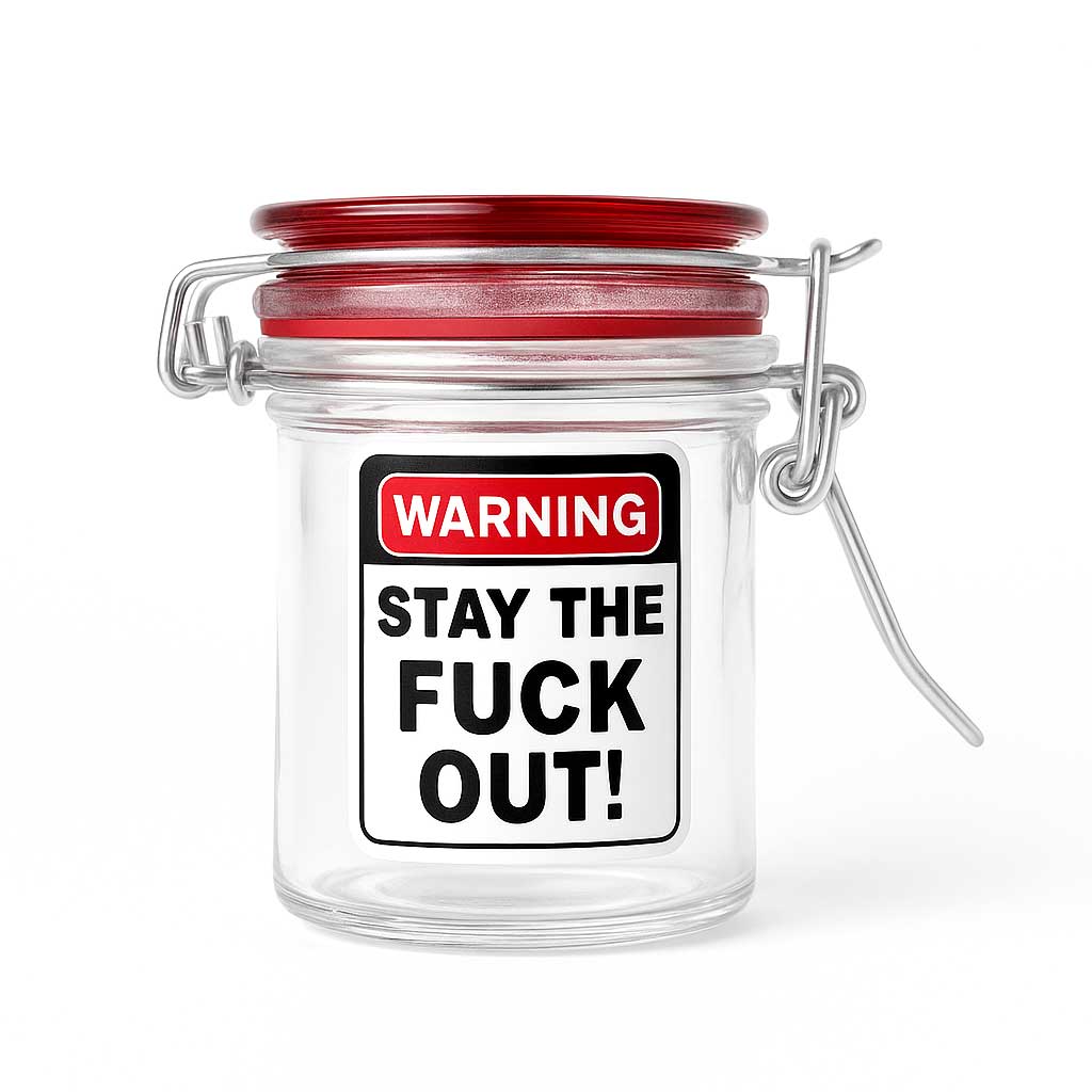 Clear airtight glass herb stash jar with bold warning label – Online Smoke and Vape