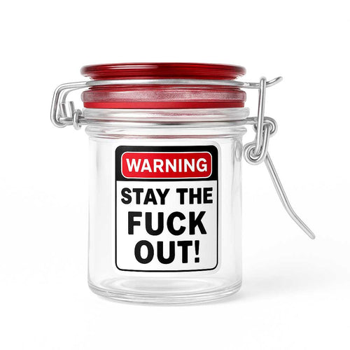 Clear airtight glass herb stash jar with bold warning label – Online Smoke and Vape
